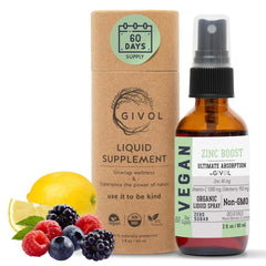 GIVOL Organic Zinc Boost Mist bottle shows 60 ml size for on-the-go daily use