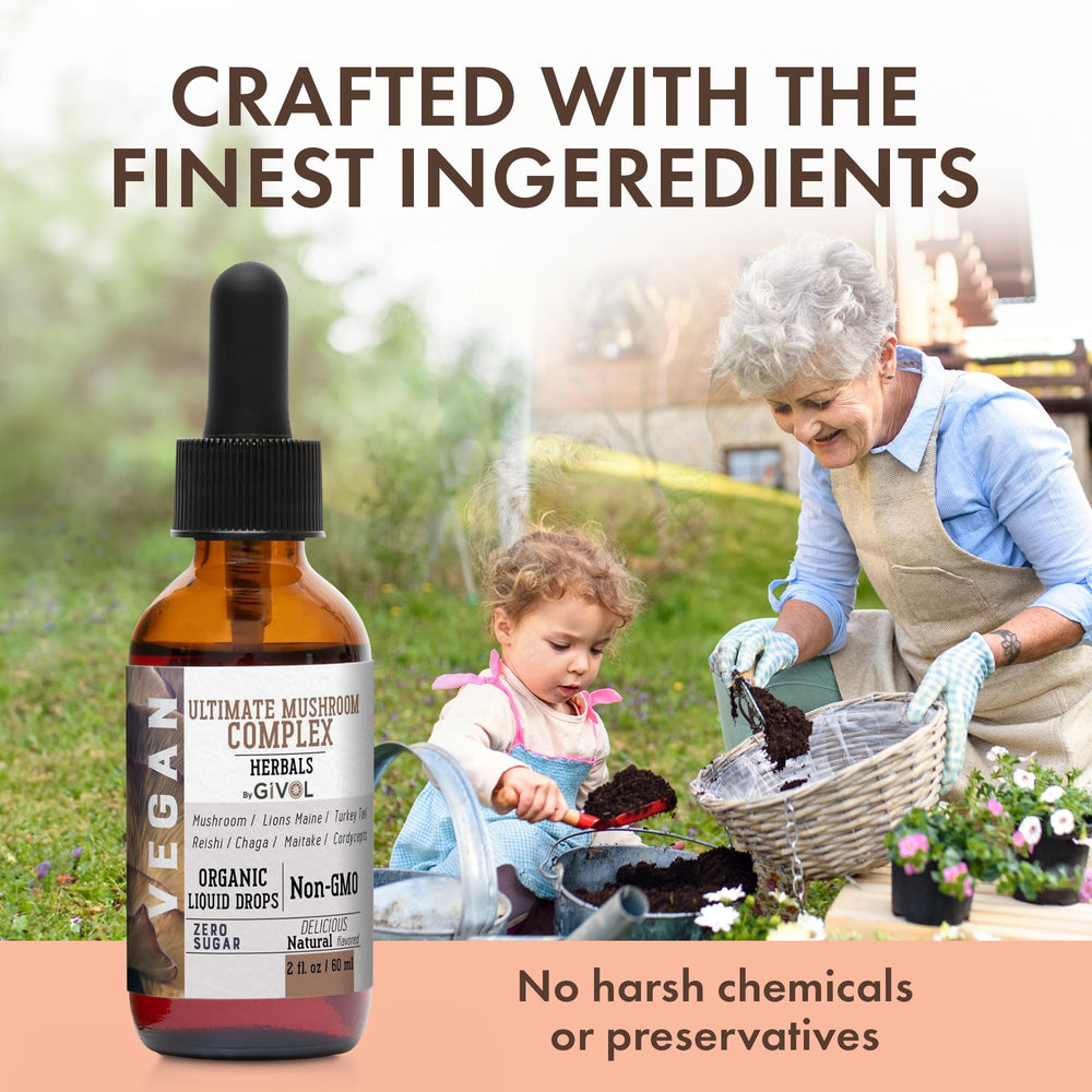 GIVOL Reishi Chaga extracts liquid close-up emphasizes quality plant-based ingredients.