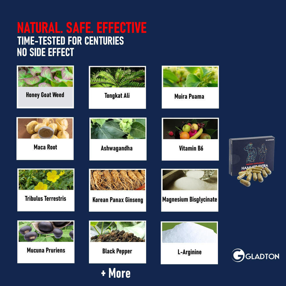 GLADTON Hammer Extra capsules poured, illustrating daily energy support.