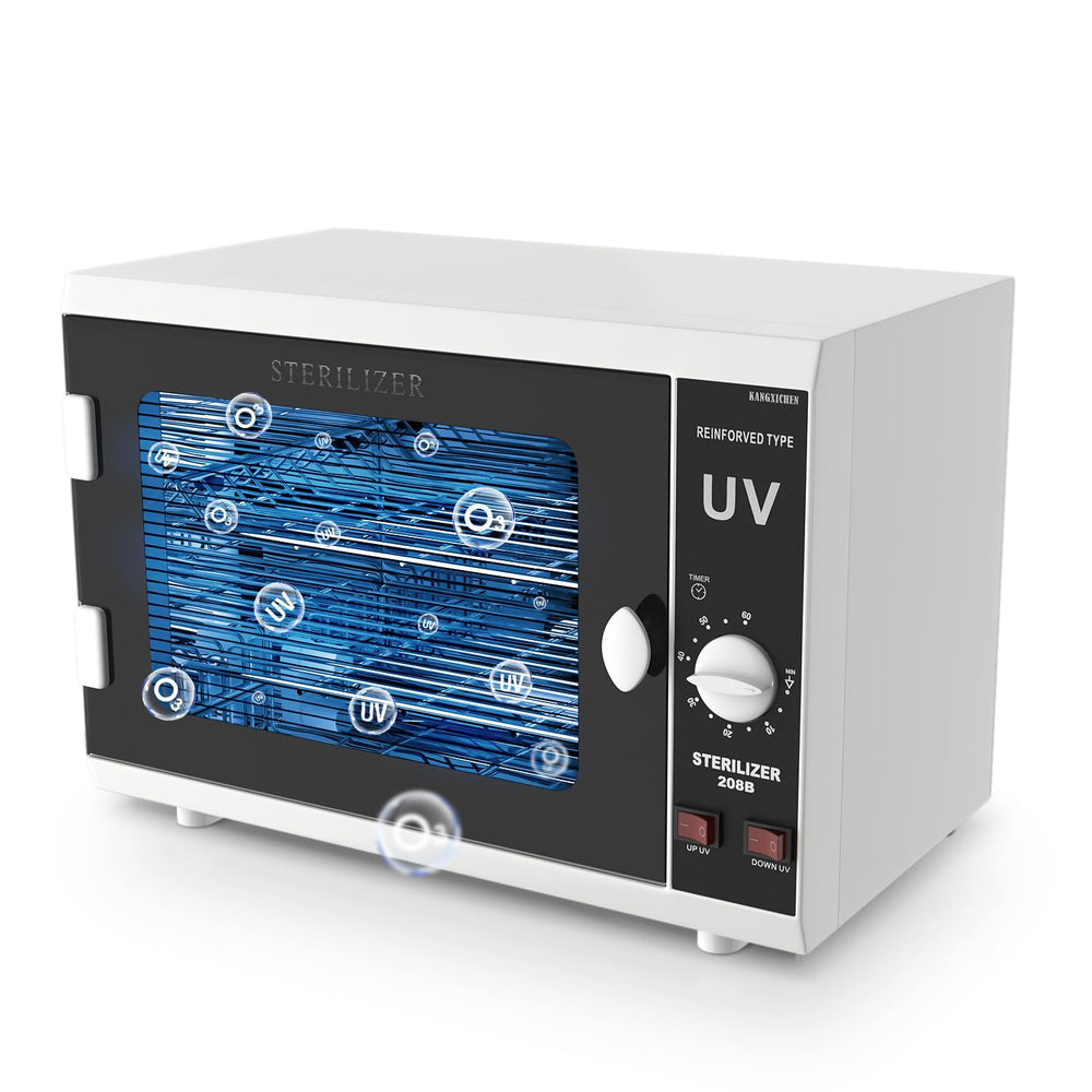 Glamvibe Salon UV sanitizer cabinet front view with dual lamps for thorough cleaning.