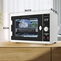 Glamvibe Salon UV cabinet in-use with towels and tools.