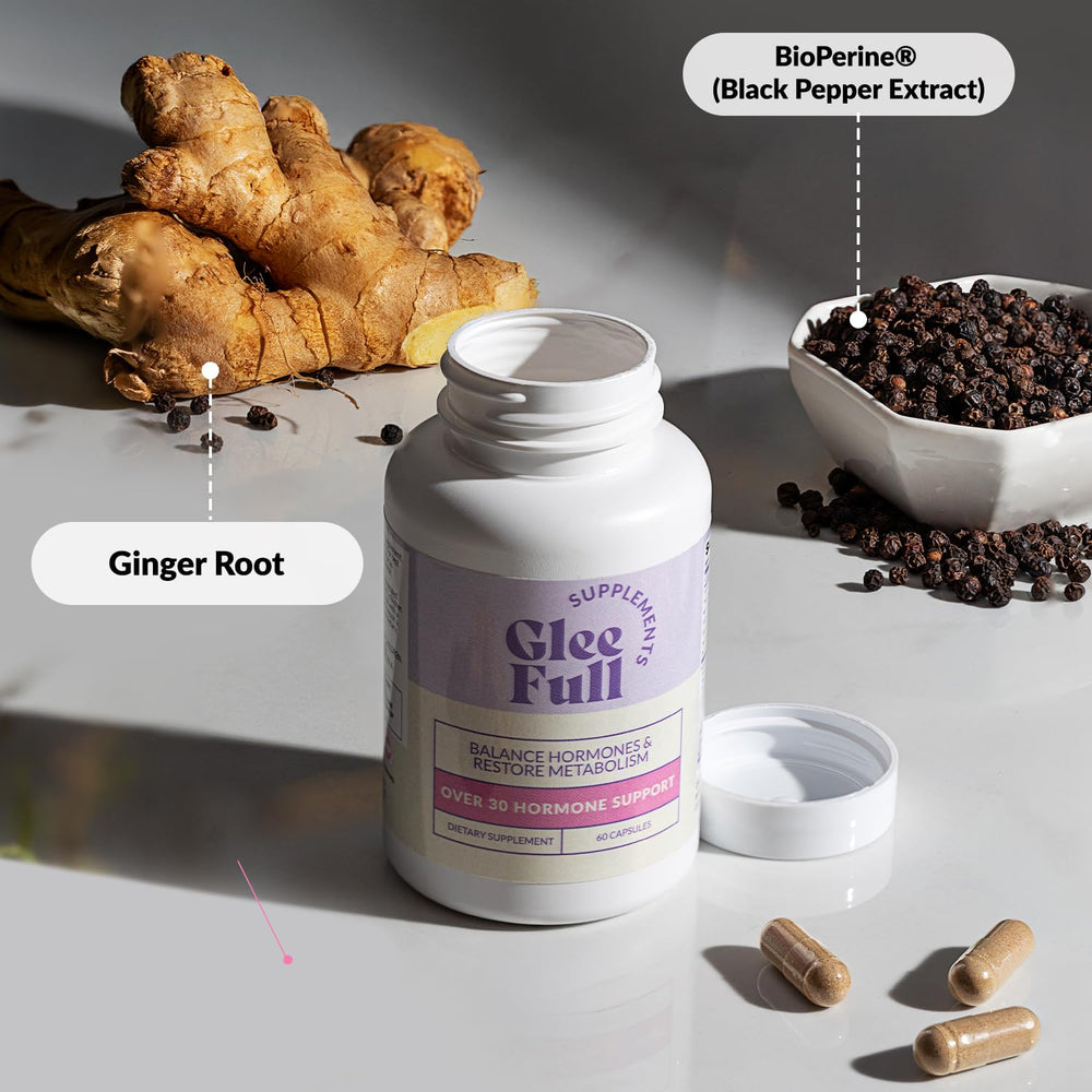 GLEEFULL SUPPS GleeFull Over 30 herbal blend label highlighting dong quai and maca.