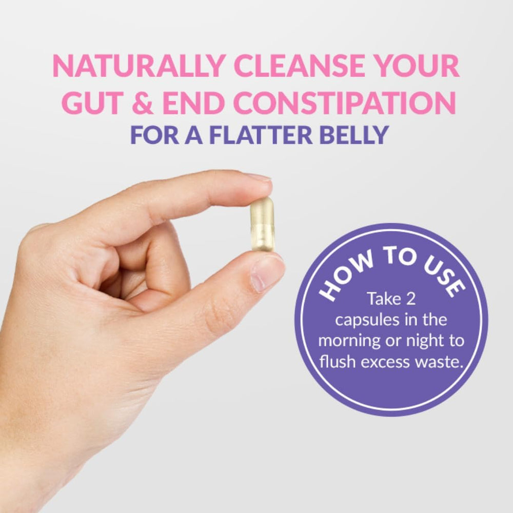 GLEEFULL SUPPS Meno Belly Flusher pills closeup highlighting daily capsules for gut balance.