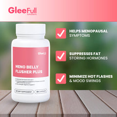 GLEEFULL SUPPS Meno Belly Flusher Plus bottle closeup shows modern label and premium feel.