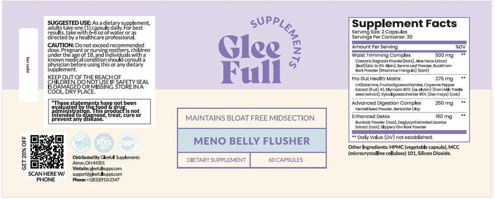 GLEEFULL SUPPS Meno Belly Flusher third-party test seal showcasing quality assurance.