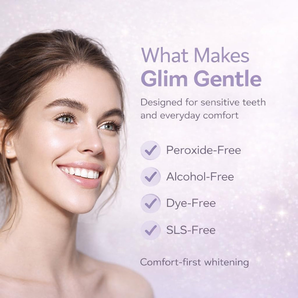 Glim flexible strips on teeth for gentle whitening.