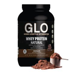 GLO cold-processed whey protein chocolate front label shows purity and premium flavor