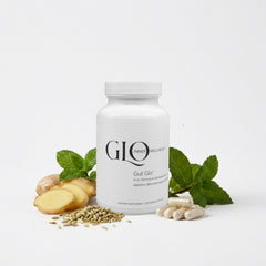 GLO Inner Wellness Gut Glo bottle showing 4-in-1 digestive support for daily relief