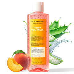 Glo Melanin Peach Yoni Wash bottle shown for gentle, pH-balanced care for sensitive skin.