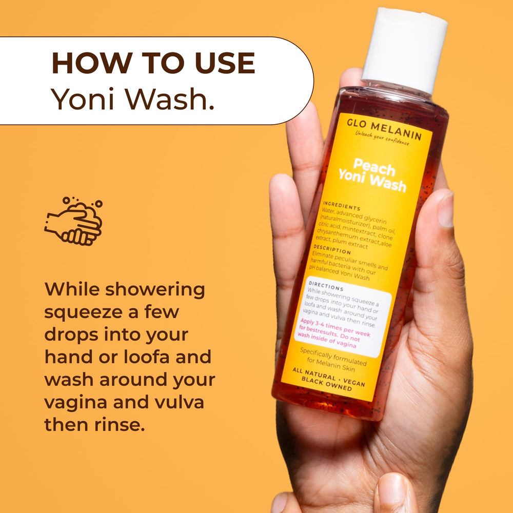 Glo Melanin Peach Yoni Wash packaging on display.