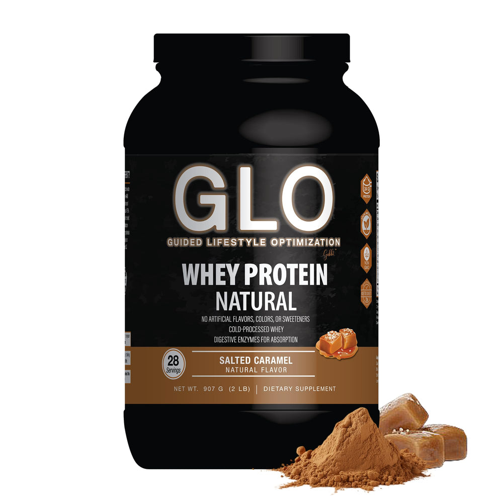 GLO salted caramel whey bottle demonstrates premium post-workout protein.