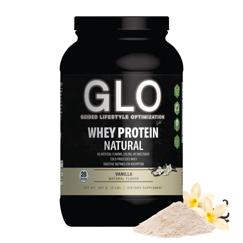 GLO vanilla whey powder bag with cold-processed purity for quick absorption