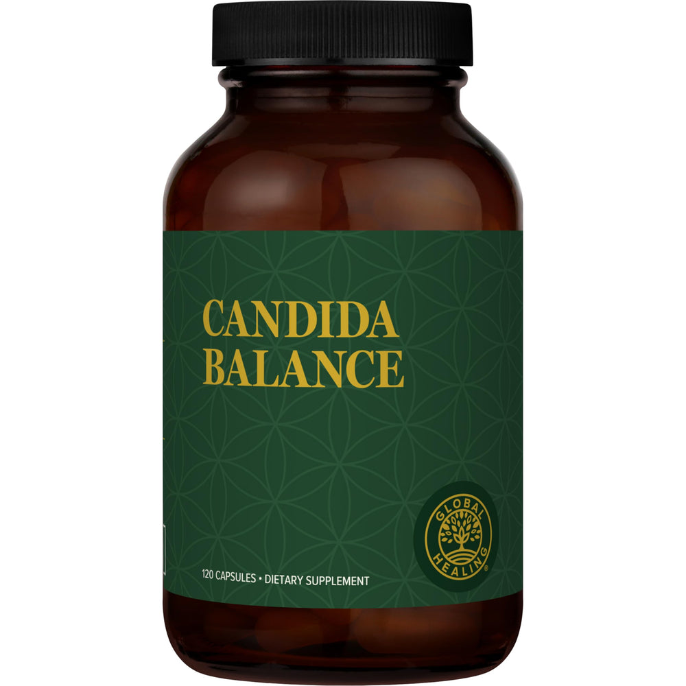 Global Healing Center Candida Balance bottle with 120 capsules, supports natural cleansing and immune comfort.