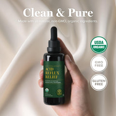 Global Healing Center Acid Reflux Relief label close-up emphasizing organic formula
