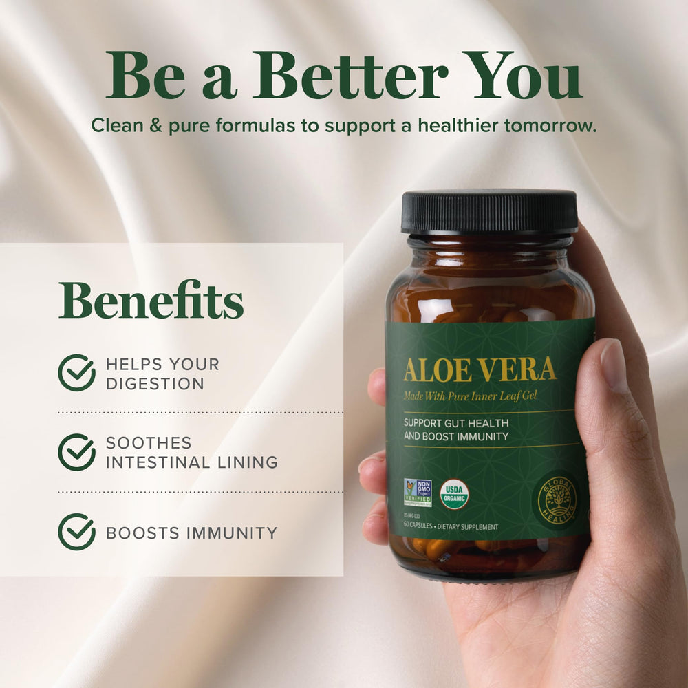 Global Healing Center Aloe capsules laid out for routine daily use
