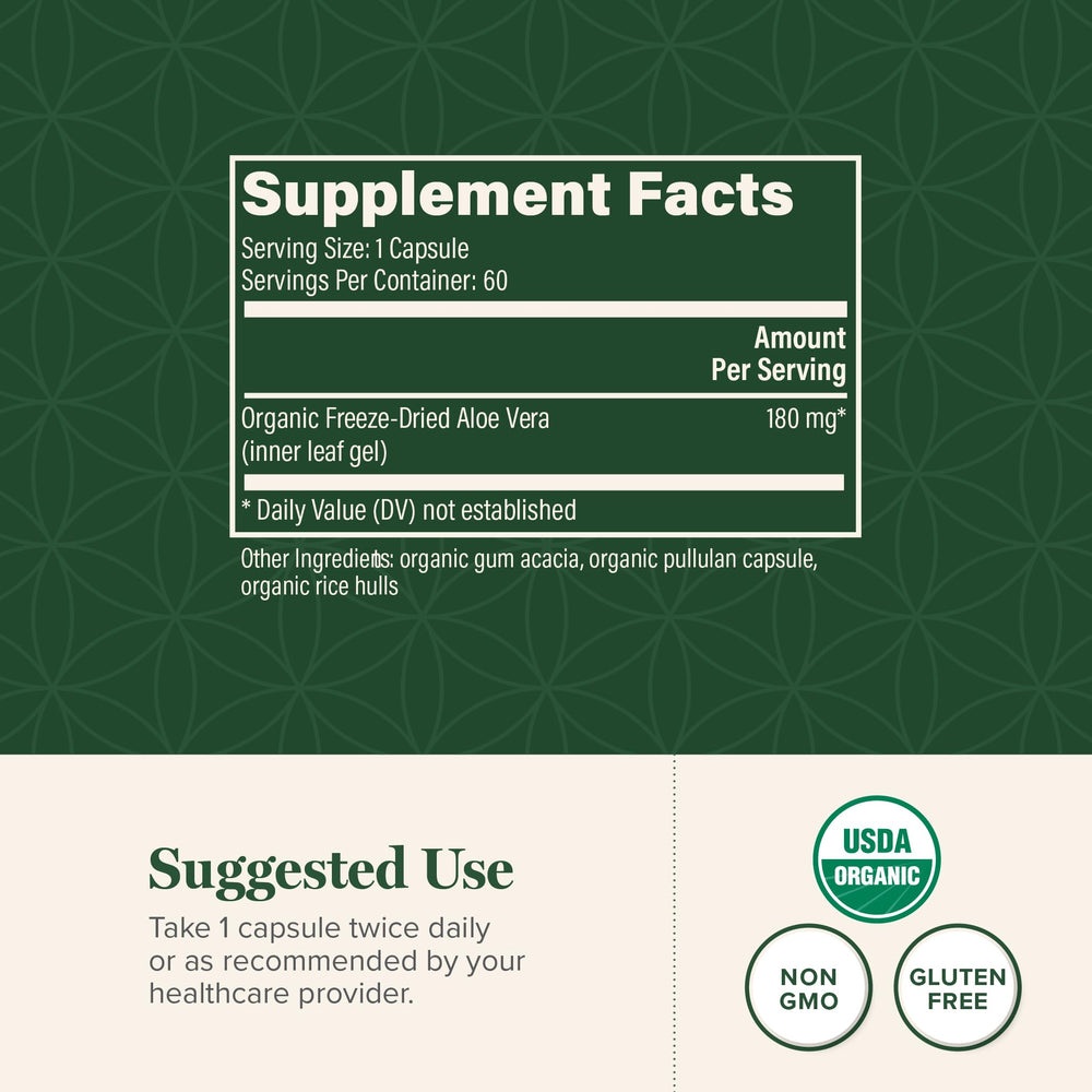 Global Healing Center Aloe label detail shows alo-in-free organic formula