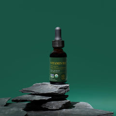 B12 drops dropper applying under tongue for rapid absorption.