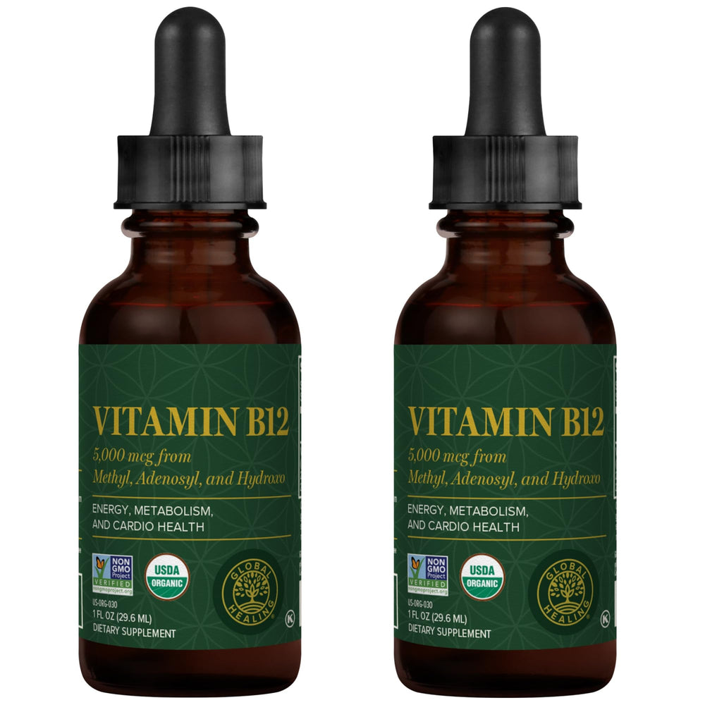 Global Healing Center B12 drops bottle highlighting 5000 mcg potency.