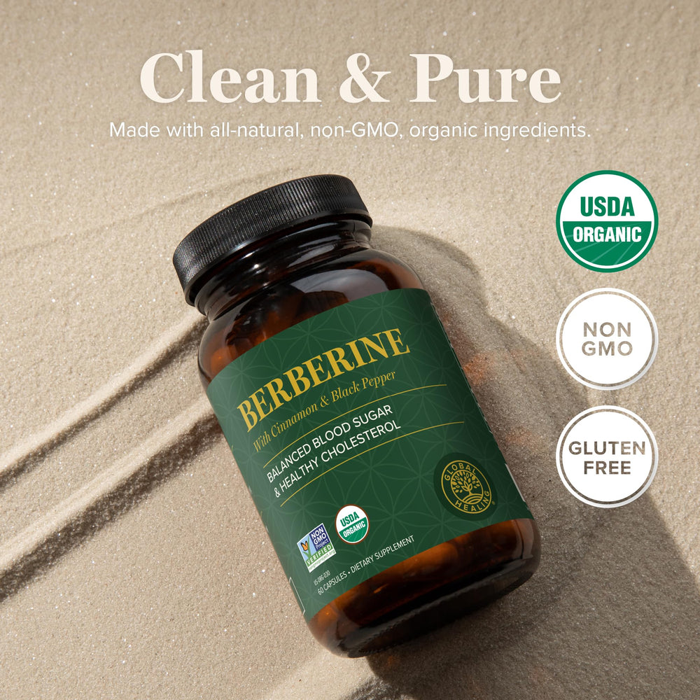 Global Healing Center berberine capsules highlighting enhanced absorption through black pepper.