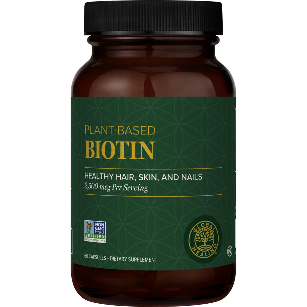 Global Healing Center Biotin bottle front for daily hair, nails, and skin support.