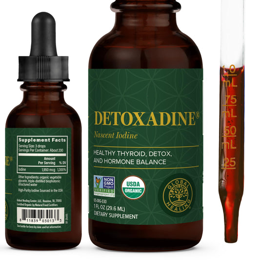 Detoxadine Global Healing Center, botella con gotero para apoyo tiroideo.