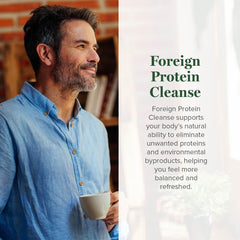 Global Healing Center Foreign Protein Cleanse bottle back label highlights ingredients for immune and respiratory support.