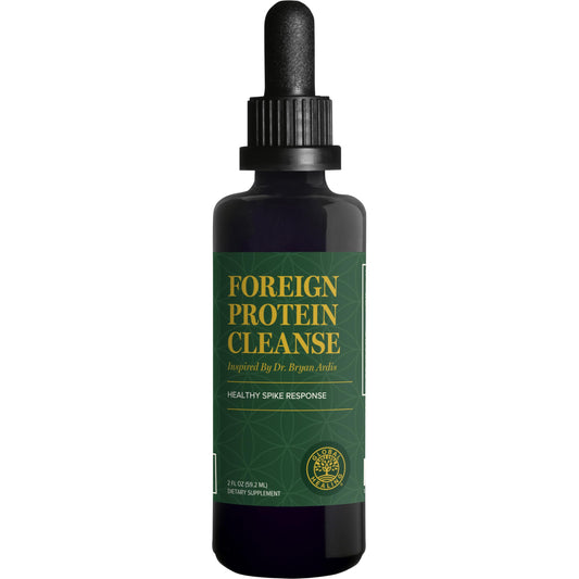 Global Healing Center Foreign Protein Cleanse bottle front shows a spike protein support formula for immune comfort.