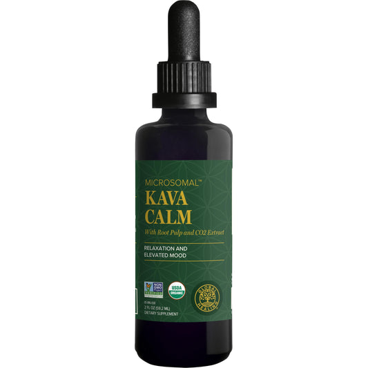 Global Healing Center Kava Calm, botella con vertido, calma suave para relajarse.