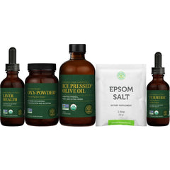 Global Healing Center liver cleanse bottle pour showing easy dosing on the go.