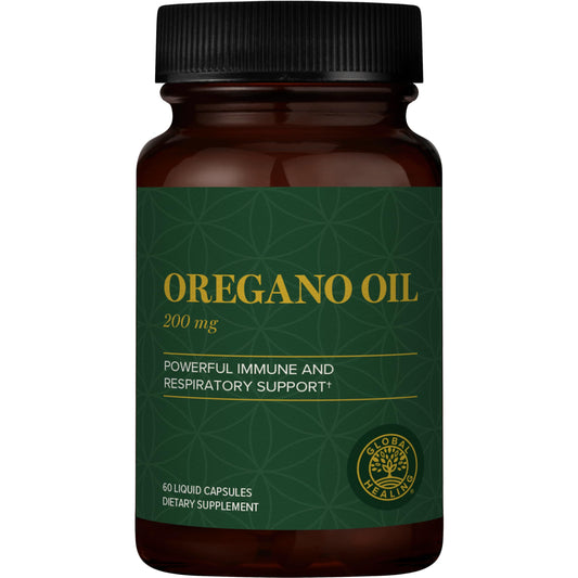 Global Healing Center oregano oil capsules bottle front for easy immune support