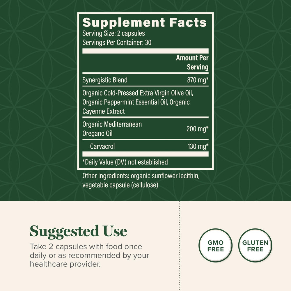 Global Healing Center oregano oil capsules label lists organic ingredients