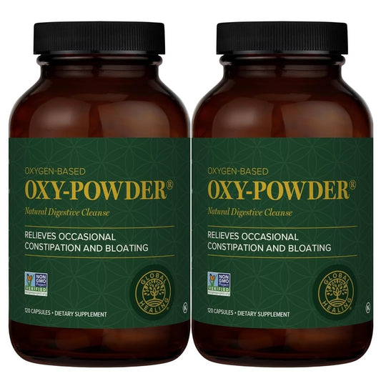 Global Healing Center Oxy-Powder bottle front showing capsules for gentle cleansing.