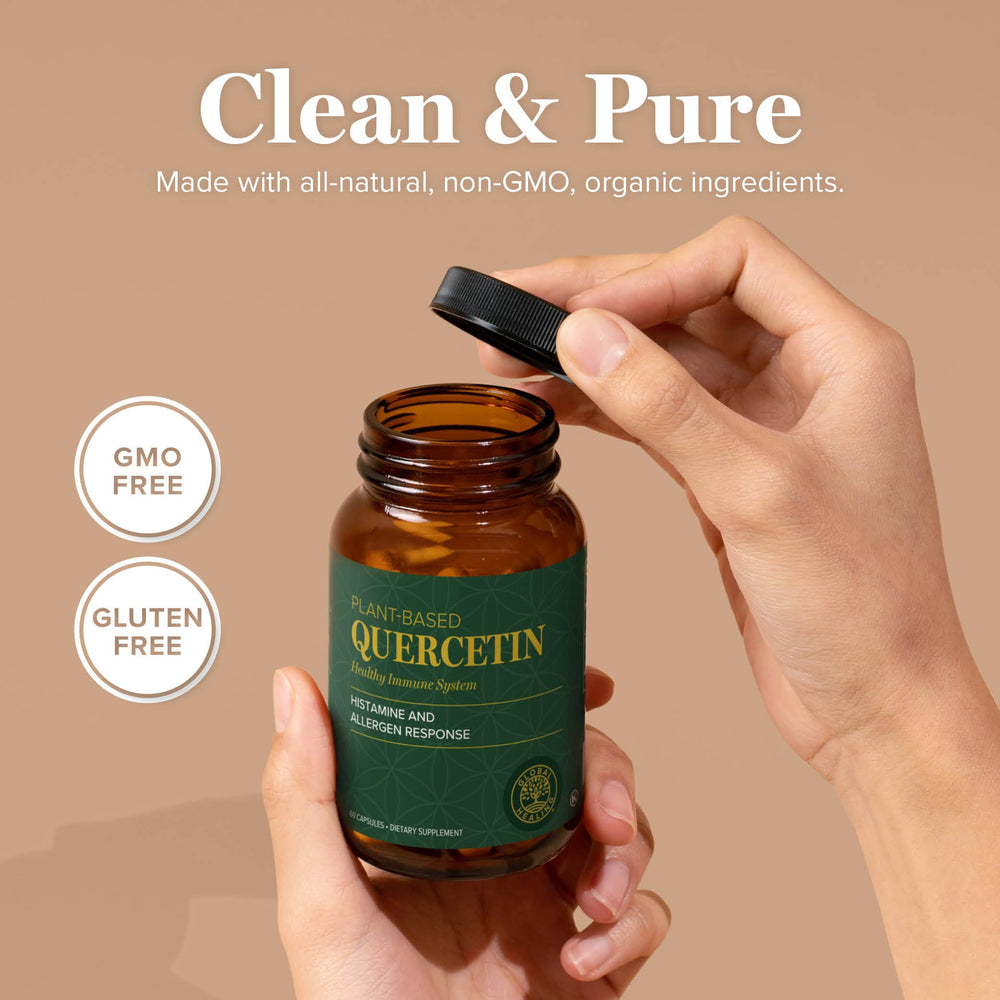 Global Healing Center Quercetin bottle in outdoor setting with fresh air.