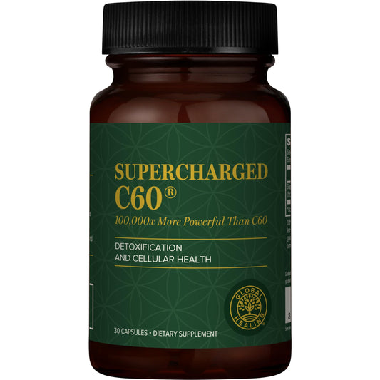 Global Healing Center Supercharged C60 bottle on display, suggesting antioxidant support.