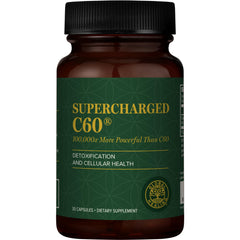 Global Healing Center Supercharged C60 bottle on display, suggesting antioxidant support.