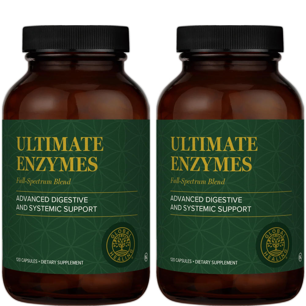Global Healing Center Ultimate Enzymes bottle front with capsules for everyday digestion support.