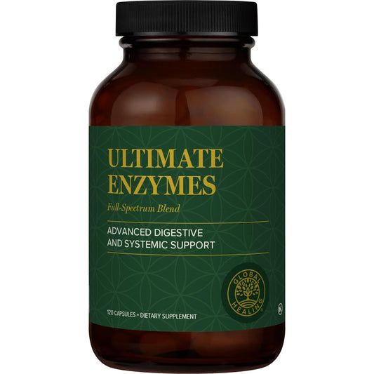 Global Healing Center Ultimate Enzymes bottle pour supports post-meal digestion.