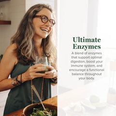 Global Healing Center Ultimate Enzymes label close-up highlights lipase for fat digestion.