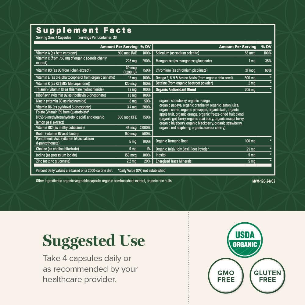 Global Healing Center multivitamin label indicates organic certification and clean ingredients.