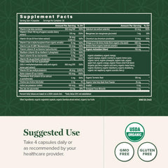 Global Healing Center multivitamin label indicates organic certification and clean ingredients.