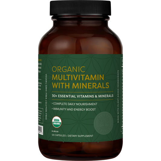 Global Healing Center multivitamin bottle shows USDA Organic formula for daily wellness.