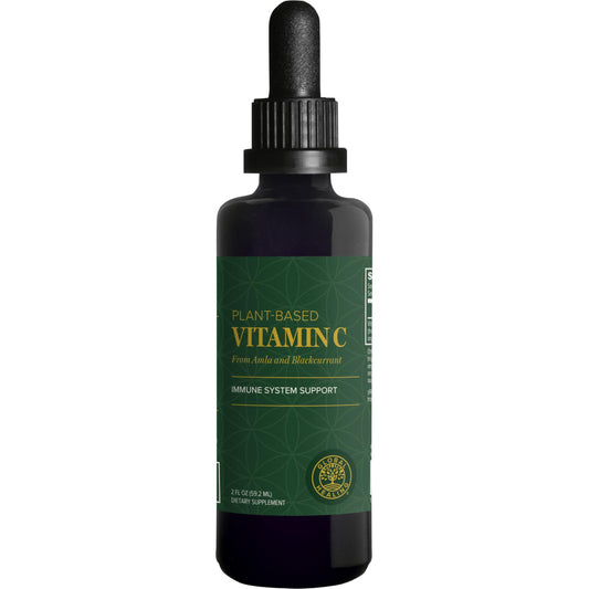 Global Healing Center Vitamin C Drops bottle shows liquid, plant-based antioxidant support for daily wellness.