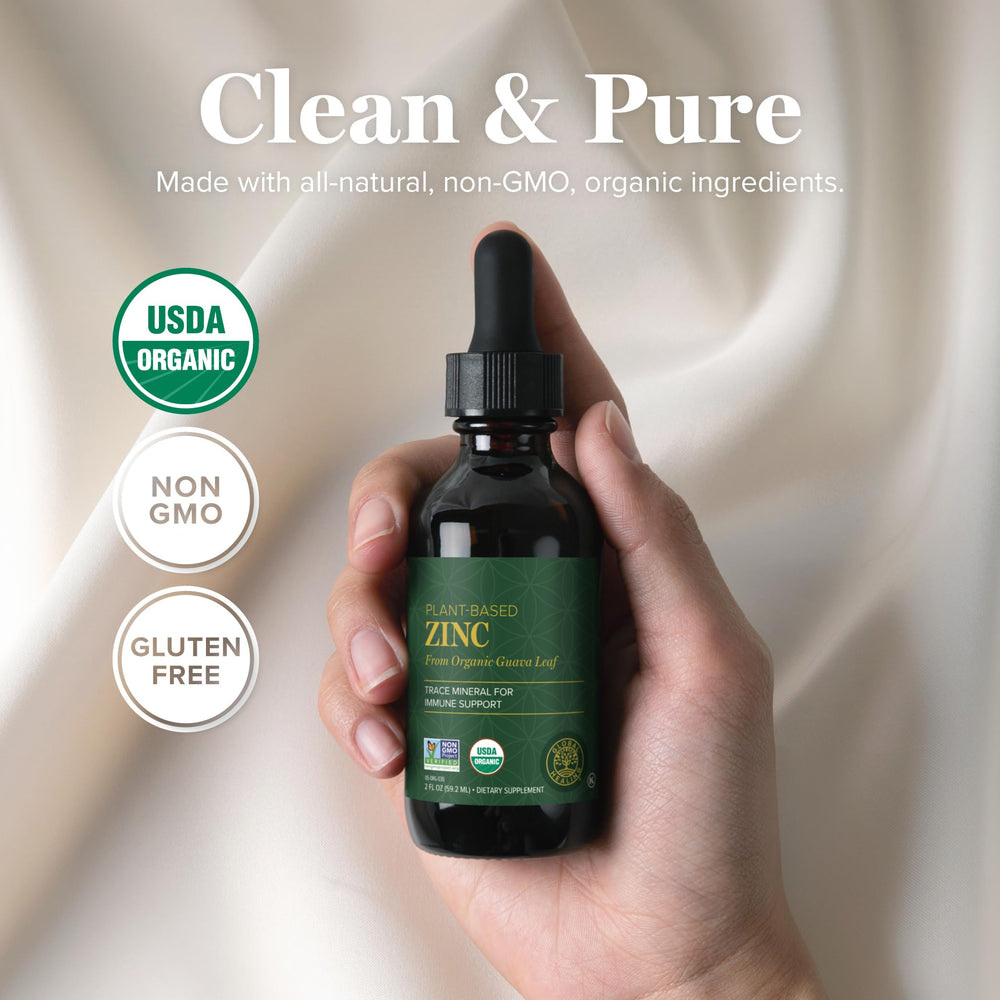 Label close-up shows vegan, organic, non-GMO zinc formula from Global Healing Center.