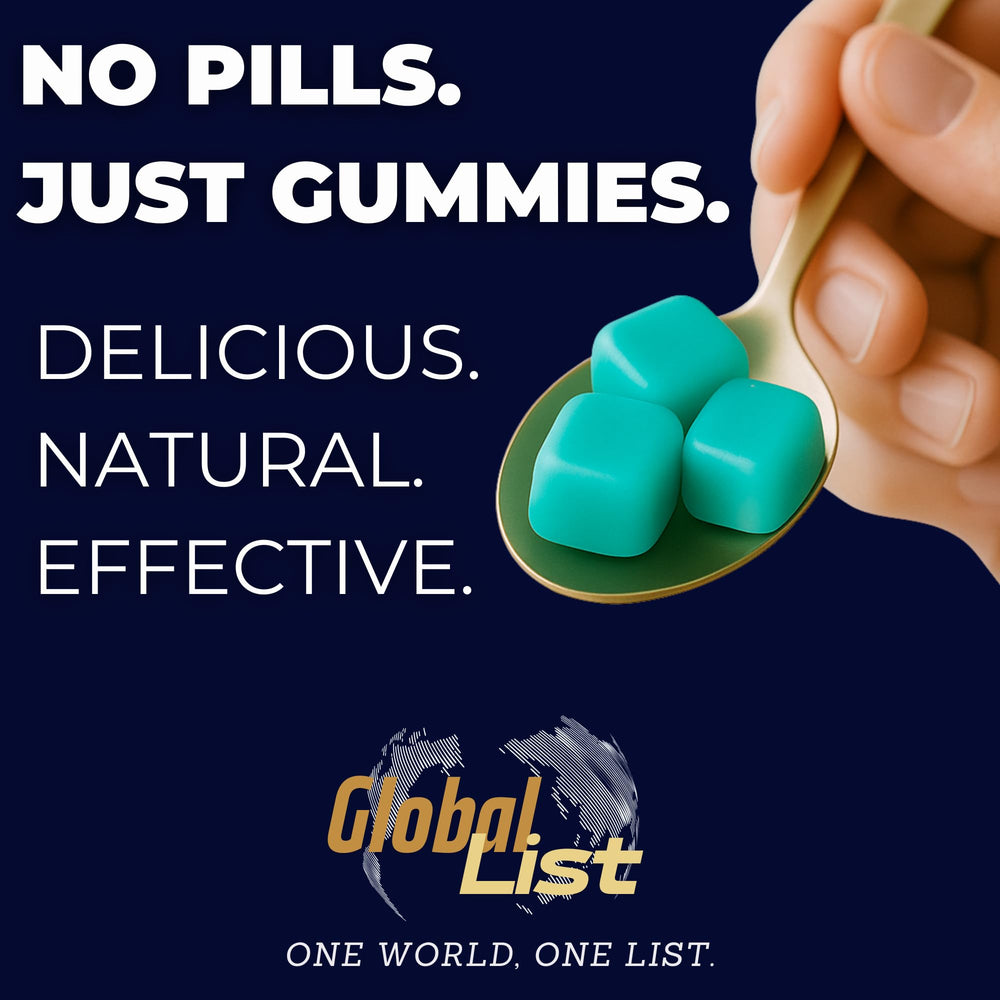 Global-List morning routine with gummies for stress relief and digestion.