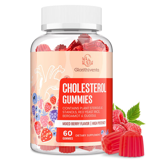 Glorithiventa cholesterol gummies bottle with mixed berry flavor for daily wellness.