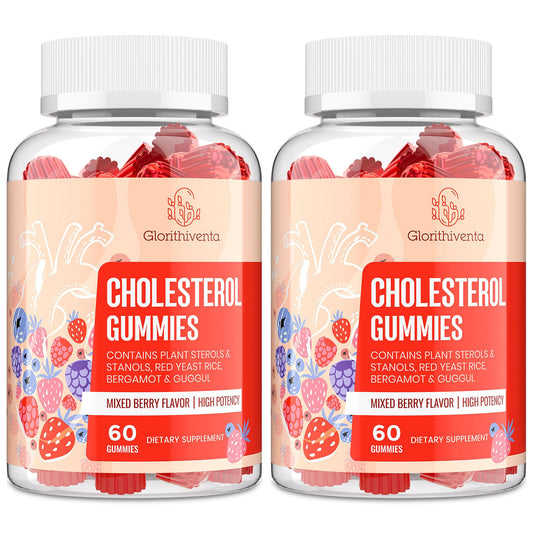 Glorithiventa cholesterol gummies mixed berry bottle for daily use.