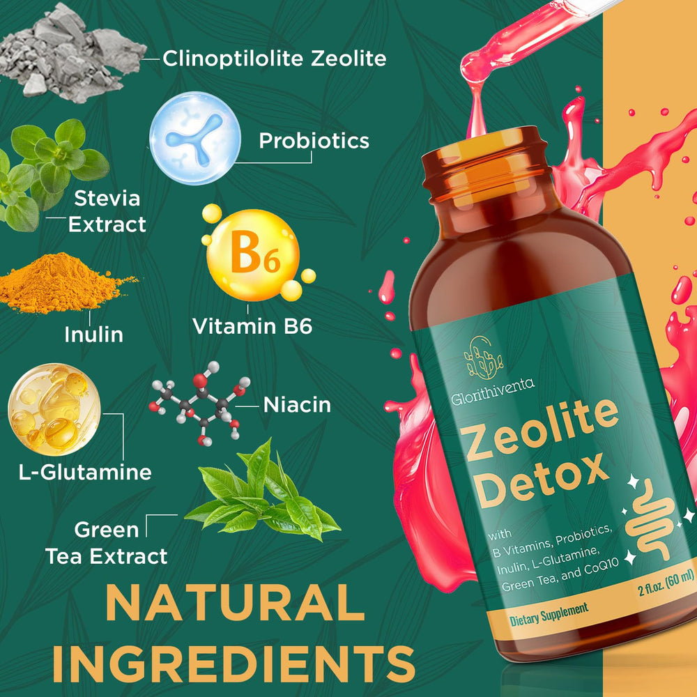 Glorithiventa Zeolite Detox drops label highlights vegan and gluten-free features.