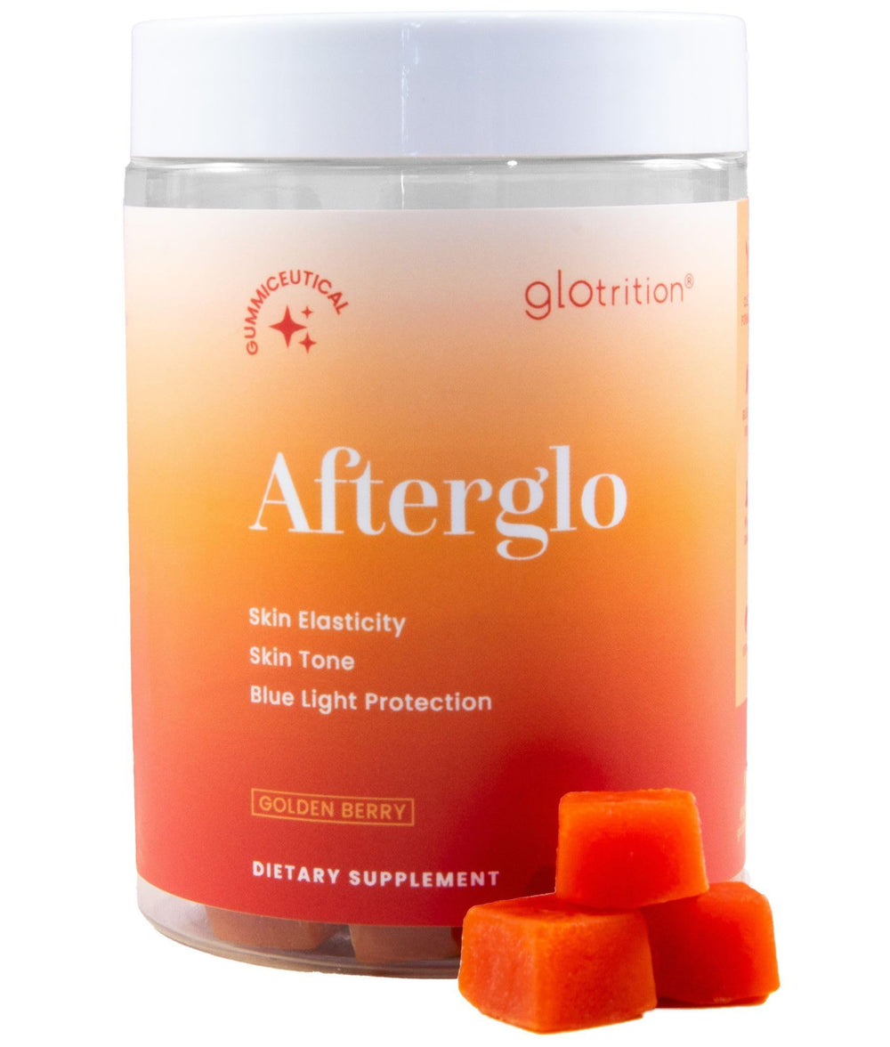 Glotrition Afterglo Gummies bottle highlighting lutein for radiant, hydrated skin.