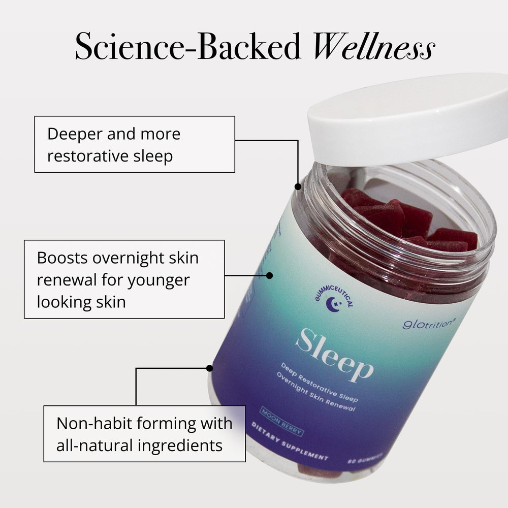 Glotrition Beauty Sleep Gummies close-up highlights natural ingredients for restful nights.