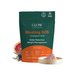 Glow Botanica Bloating SOS tub front with citrus powder for bloating relief
